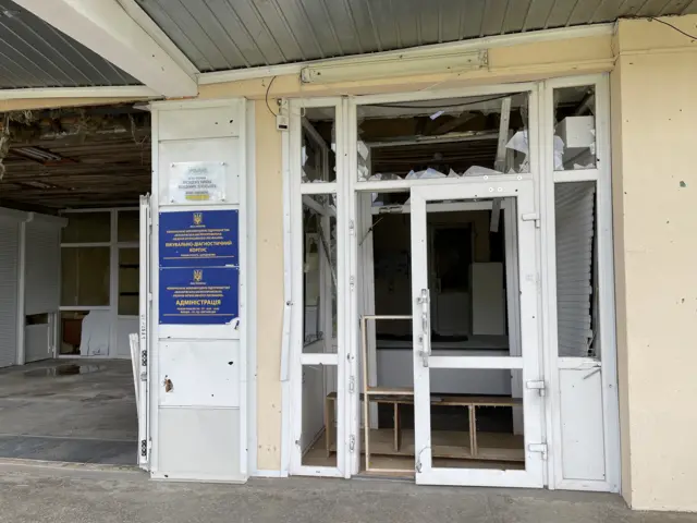 The smashed windows of Makariv hospital