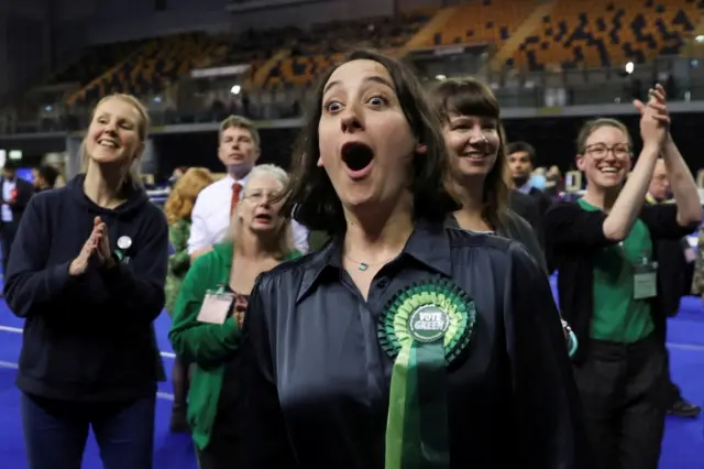 Scottish Greens candidate Christy Mearns reacts during the count in Glasgow