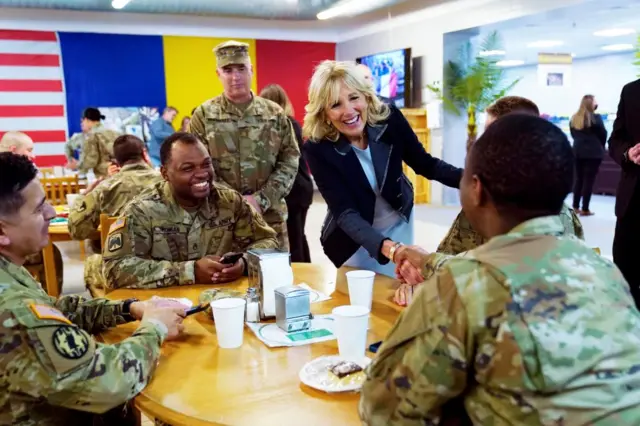 US First lady Jill Biden greets US troops during a visit to the Mihail Kogalniceanu Air Base in Romania