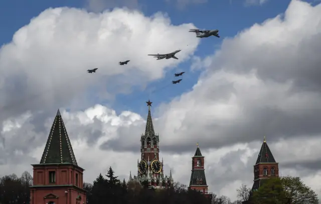 Russian aircrafts fly over the Kremlin during the general rehearsal for the Victory Day parade in Moscow