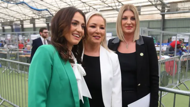 Michelle O'Neill, Linda Dillon and Emma Sheerin at Magherafelt count centre.