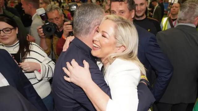 Sinn Fein Deputy Leader Michelle O'Neill reacts to her election in Mid Ulster at the Northern Ireland Assembly Election count centre