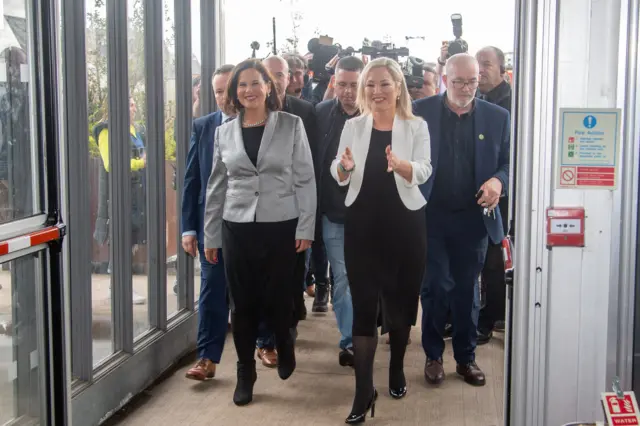 Michelle O'Neill and Mary Lou MacDonald arrive at count centre