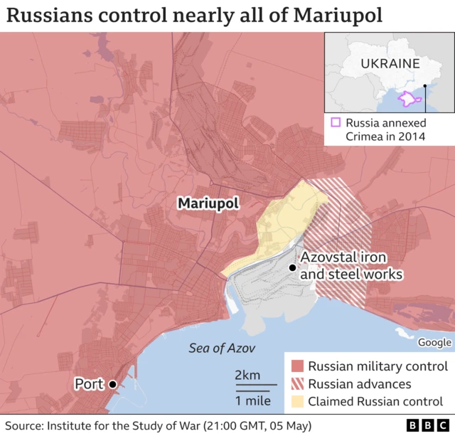 A map showing Russia's control over nearly all of Mariupol