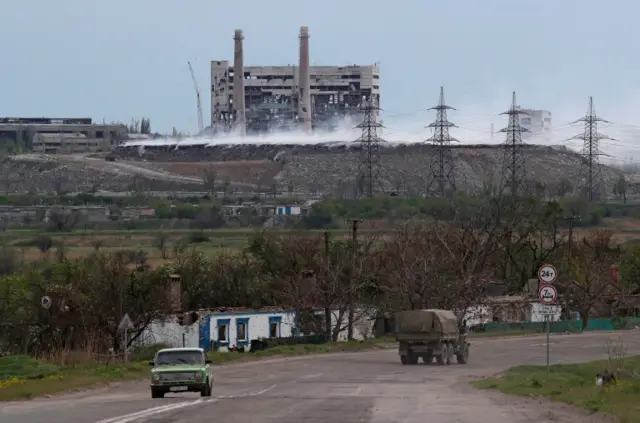 A general view of the Azovstal steel works in Mariupol