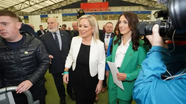 Sinn Fein's Vice-President Michelle O'Neill arrives at the Northern Ireland Assembly election count centre at Meadowbank Sports arena in Magherafelt, County Londonderry