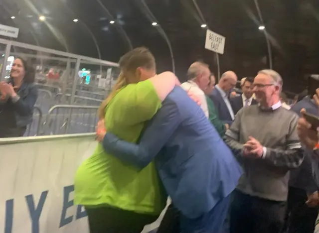 Patrick Brown being hugged by party leader Naomi Long