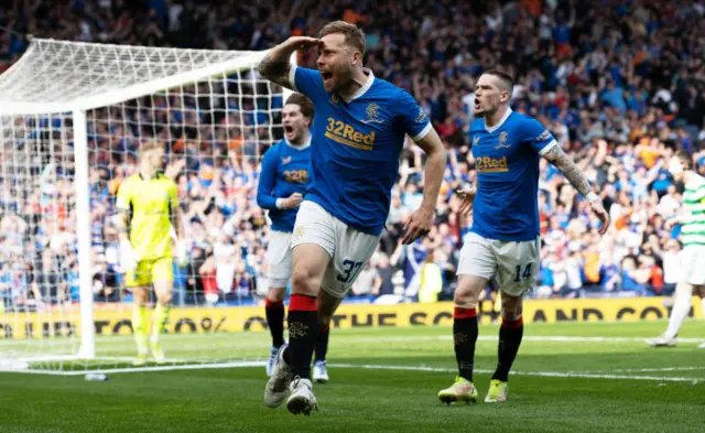 Scott Arfield celebrates his Scottish Cup semi-final strike against Celtic