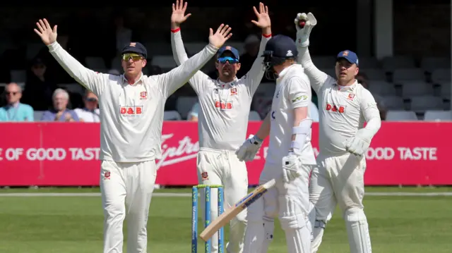 Essex appeal for a wicket against Yorkshire's Harry Duke.