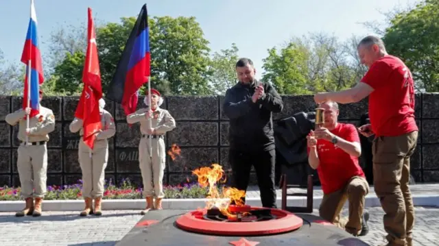 Head of the self-proclaimed Donetsk People's Republic Denis Pushilin attends a ceremony, marking the 77th anniversary of the victory over Nazi Germany in World War Two