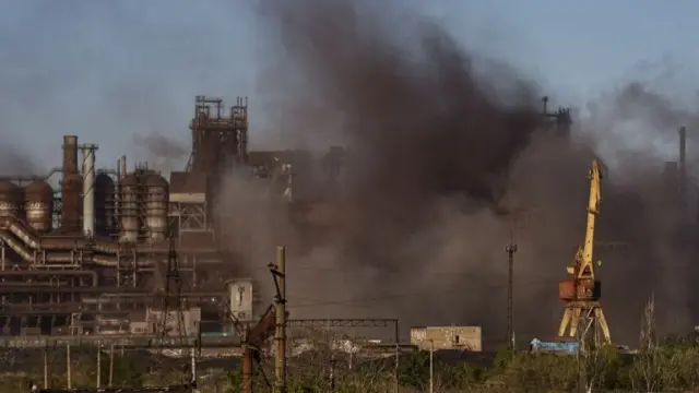 Smoke rises over Azovstal steel plant in Mariupol, Ukraine, on Saturday 7 May