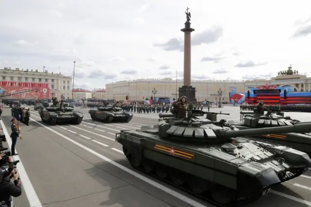 Russian military vehicles on Dvortsovaya Square during the Victory Day parade in St. Petersburg