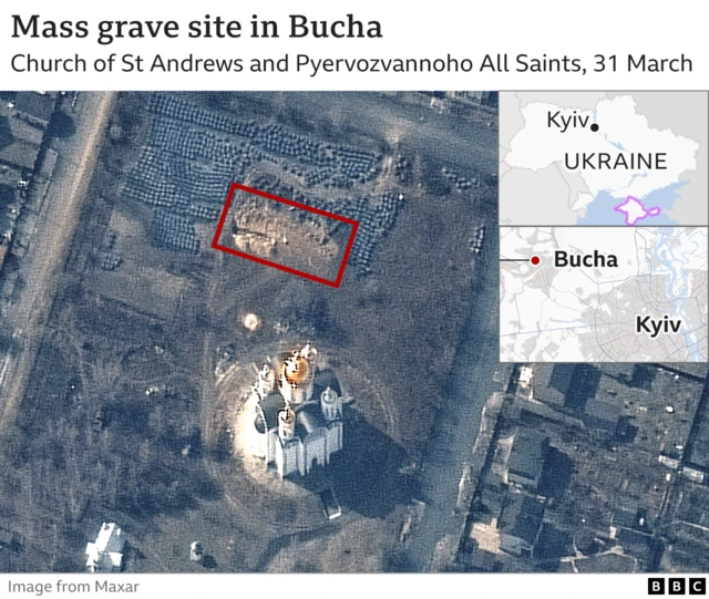 An aerial view of a mass grave site in Bucha