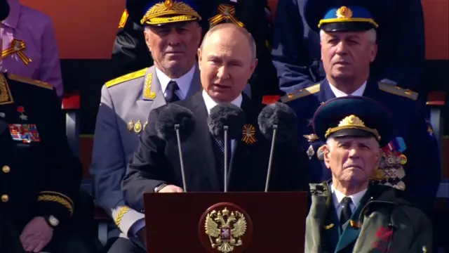 Russian President Vladimir Putin gives his speech