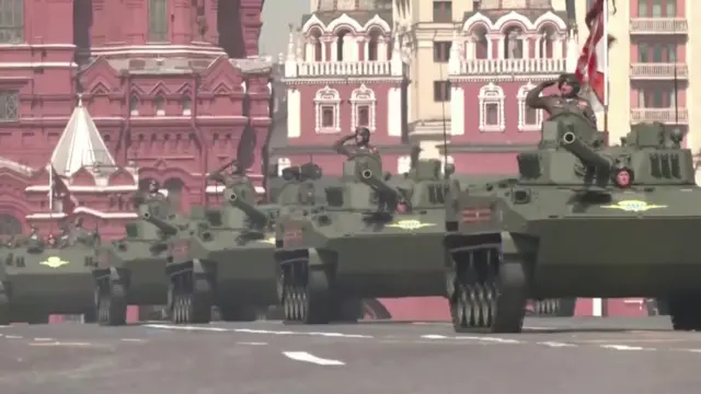 Russian military tanks parade through Red Square in Moscow for the Victory Day parade