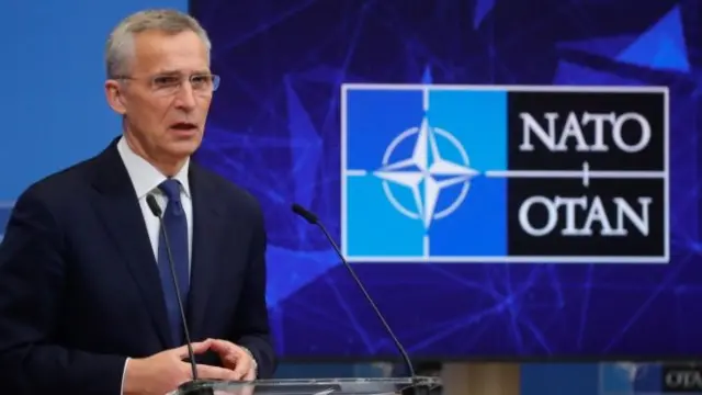 NATO Secretary General Jens Stoltenberg gives a press conference at the end of a meeting of NATO foreign ministers at the NATO headquarters in Brussels, Belgium, 07 April 2022