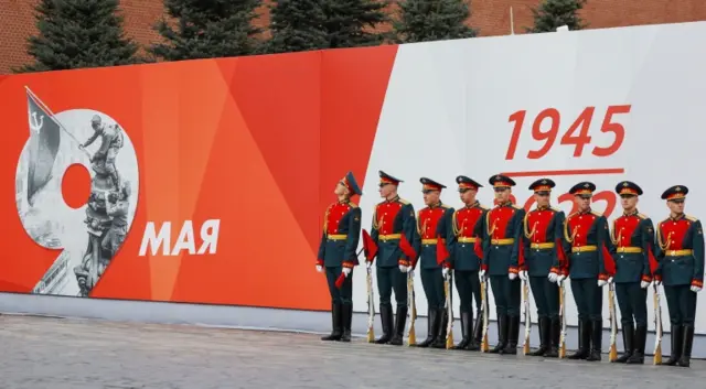 Russian honour guards line up before a military parade on Victory Day