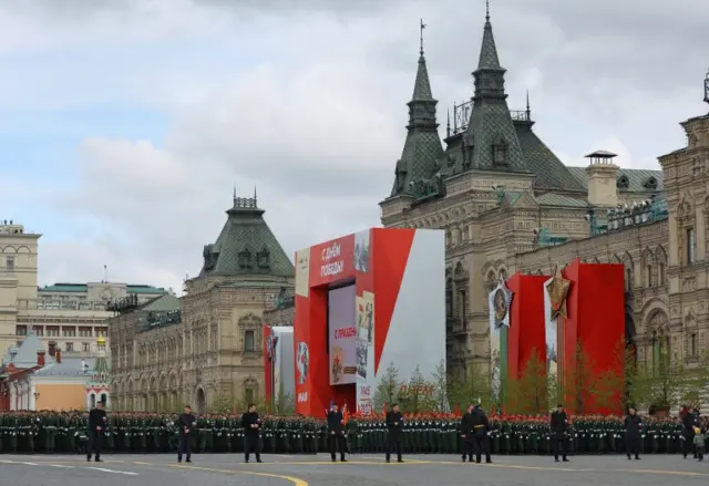 Participants line up before a military parade on Victory Day, which marks the 77th anniversary of the victory over Nazi Germany in World War Two, in Red Square in central Moscow, Russia May 9, 2022.