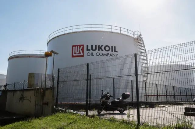 A view of fuel tanks of Russian multinational energy corporation Lukoil at its headquarters in Brussels, Belgium, 03 May 2022