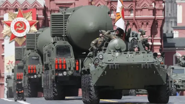 Russian Yars intercontinental ballistic missile launchers roll through the Red Square during the Victory Day military parade in Moscow