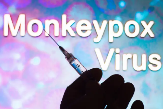 A hand holding a medical syringe with the word Monkeypox virus in the background