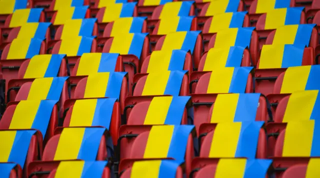 Ukraine flags await spectators for the sold out game at Hampden