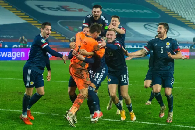 Scotland players celebrate David Marshall's famous penalty save in Belgrade