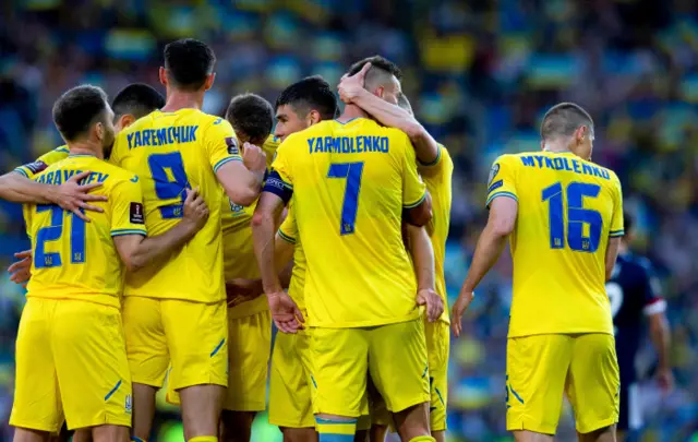 Ukraine celebrate their breakthrough goal at Hampden