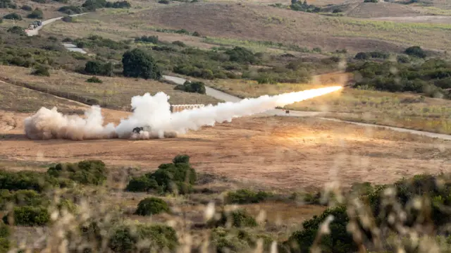 A HIMARS rocket system firing