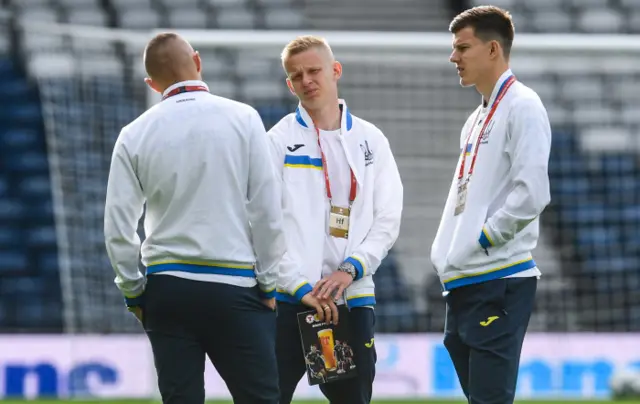 Ukraine skipper Oleksandr Zinchenko (centre) and his team-mates out on the Hampden turf