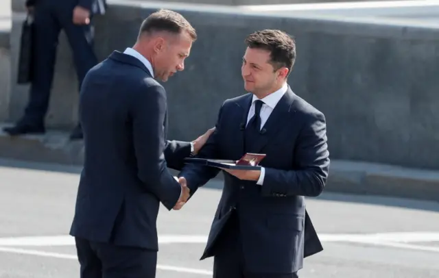 Andriy Shevchenko with President Volodymyr Zelensky at the Independence Day military parade in Kyiv in August 2021