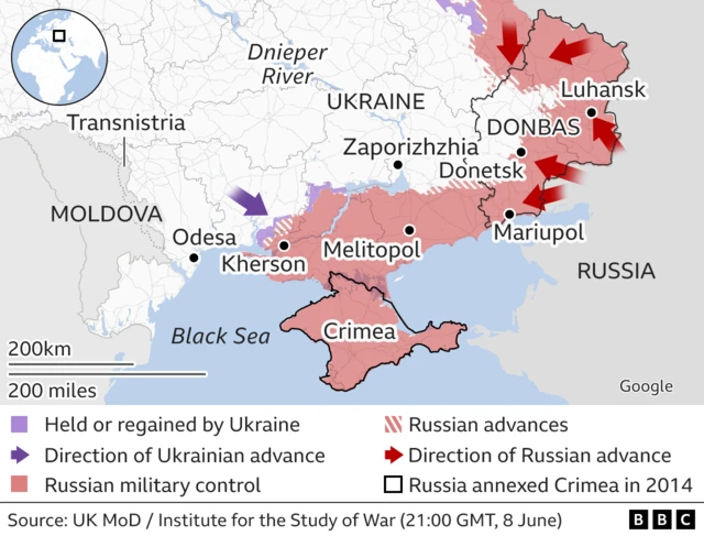 Map showing areas under Russian and Ukrainian control in southern Ukraine