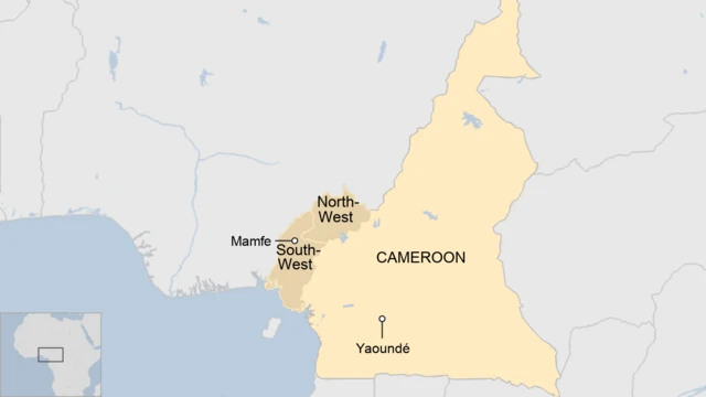 A map showing Mamfe, North-West region and South-West region in Cameroon.