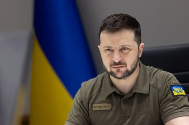 A handout photo made available by the Ukrainian Presidential Press Service shows Ukrainian President Volodymyr Zelensky delivering an address via video conference