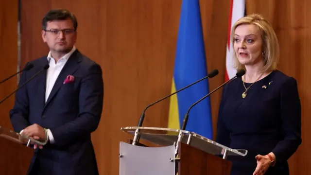 British Foreign Secretary Liz Truss speaks during a joint news conference with Ukrainian Foreign Minister Dmytro Kuleba at the British Embassy in Warsaw, Poland,