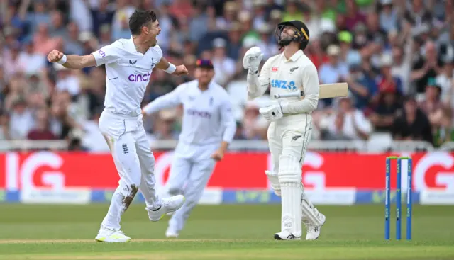 James Anderson celebrates dismissing Devon Conway