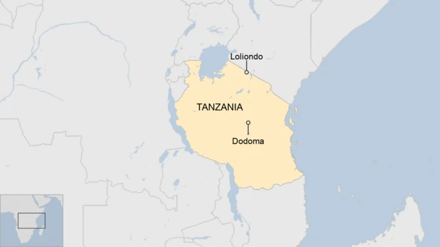 A map of Tanzania showing Loliondo and the capital, Dodoma.