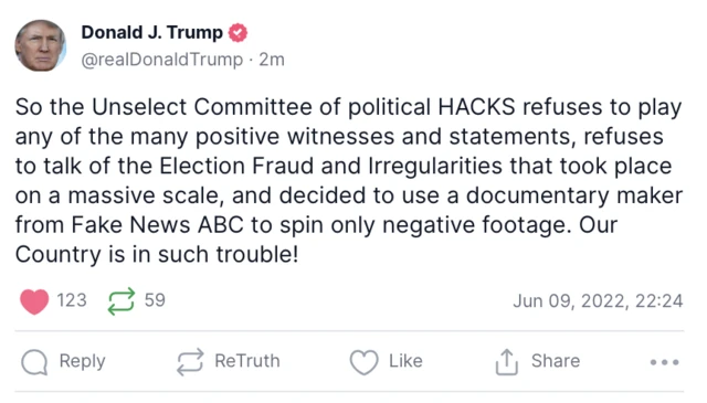 Screenshot of Truth Social post by former President Donald Trump