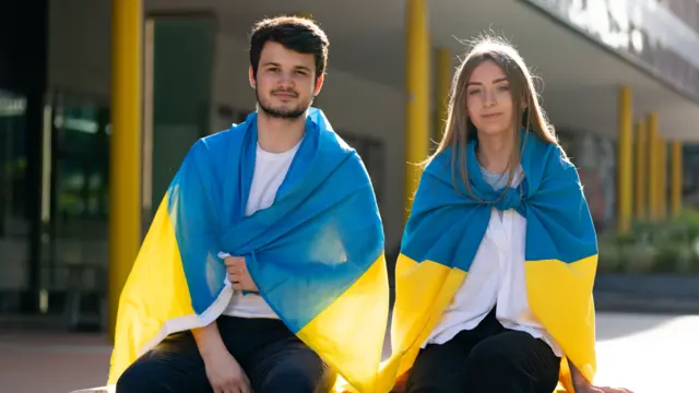 Ukrainian students Pavlo Denysenko and Snizhana Berezhna at Coventry University, where Ukrainian President Volodymyr Zelenskyy addressed students as part of a live broadcast to a number of UK universities. The event had been organised by the Ukrainian Students Union.