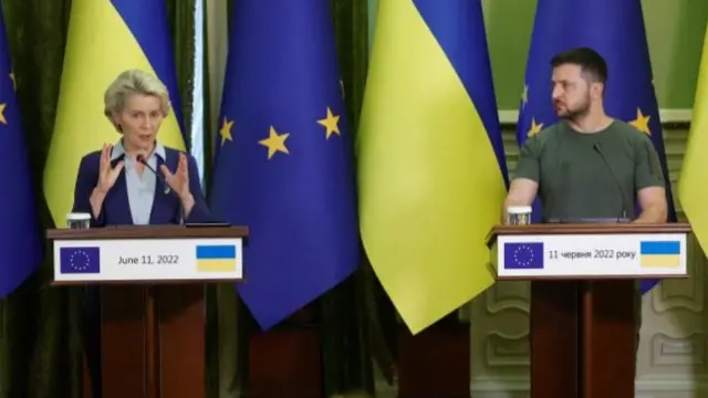 European Commission President von der Leyen and Ukraine's President Zelenskiy attend a joint statement in Kyiv