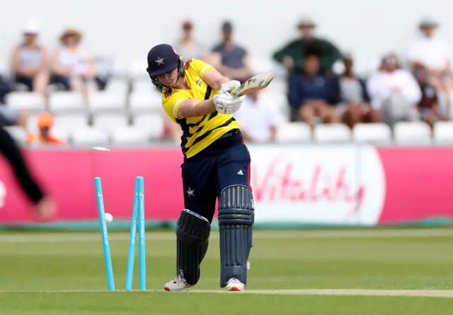 Bryony Smith is bowled in the Charlotte Edwards Cup final