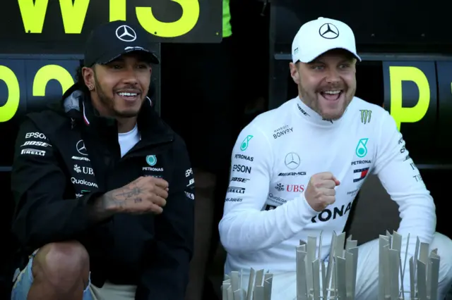 Lewis Hamilton and Valtteri Bottas celebrate a one-two in Baku in 2019