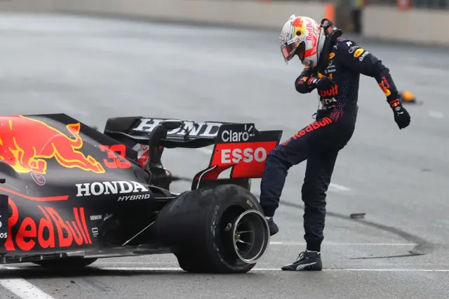 Max Verstappen kicks his tyre in Baku in 2021