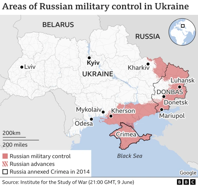 Map showing areas of Russian military control