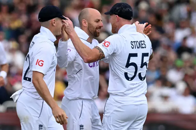 Jack Leach celebrates his Ben Stokes