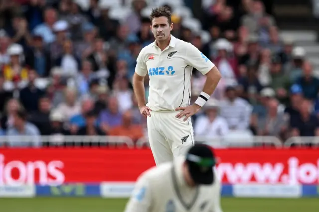 New Zealand's Tim Southee reacts to a mis-field on day 2 of the second Test cricket match between England and New Zealand