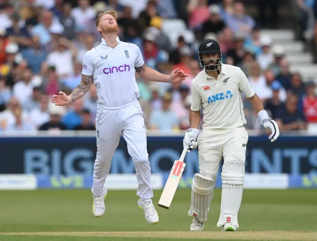 England bowler Ben Stokes reacts in frustration during day two of the Second Test Match between England and New Zealand at Trent Bridge