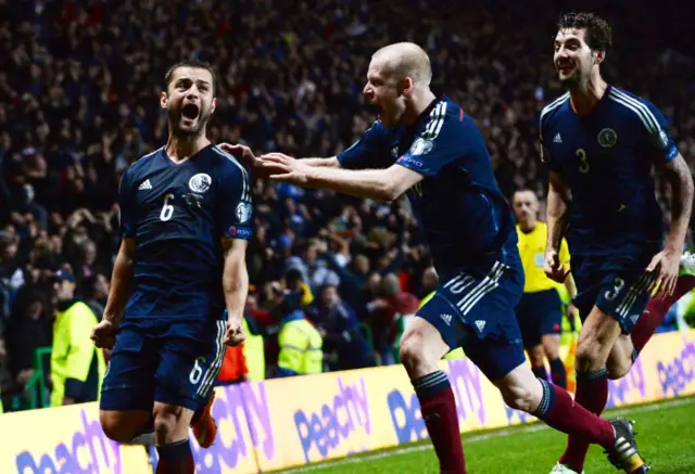 Shaun Maloney celebrates after scoring the only goal in Scotland's 1-0 win against Ireland in 2015