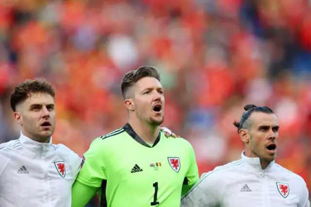 Wales players sing the national anthem