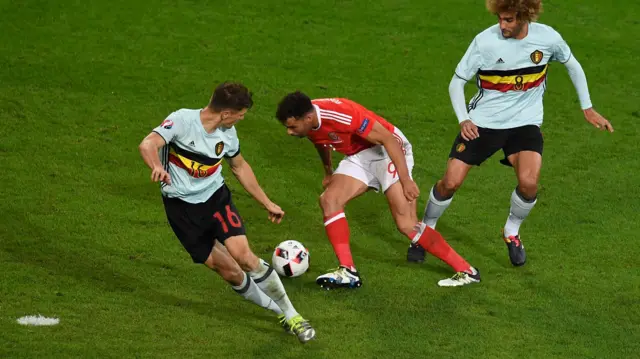 Thomas Meunier (left) is bamboozled by Hal Robson-Kanu as he scores a goal for the ages in Wales' 3-1 win over Belgium in their Euro 2016 quarter-final